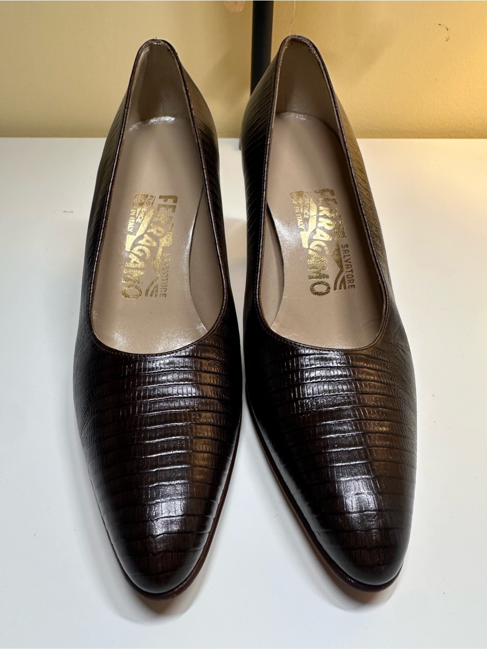 Salvatore Ferragamo Dark Brown Lizard-Embossed Leather Flats